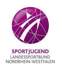 Logo der Sportjugend des Landessportbundes Nordrhein-Westfalen in lila mit grafischen Elementen und Schriftzug.