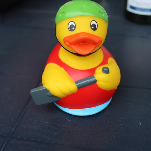 Gummi-Ente mit gr&uuml;ner M&uuml;tze, rotem Shirt und Paddel auf einem Tisch platziert.