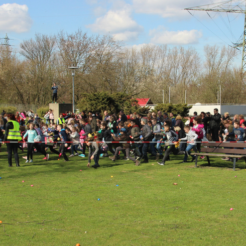 Gruppe von Kindern und Erwachsenen, die beim Eierlauf ins Rennen gehen, umgeben von einer gr&uuml;nen Wiese und B&auml;umen.