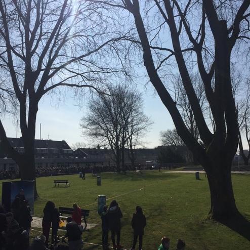 Menschen stehen in einer Parklandschaft mit gro&szlig;en B&auml;umen und einer bunten Wiese an einem sonnigen Tag.
