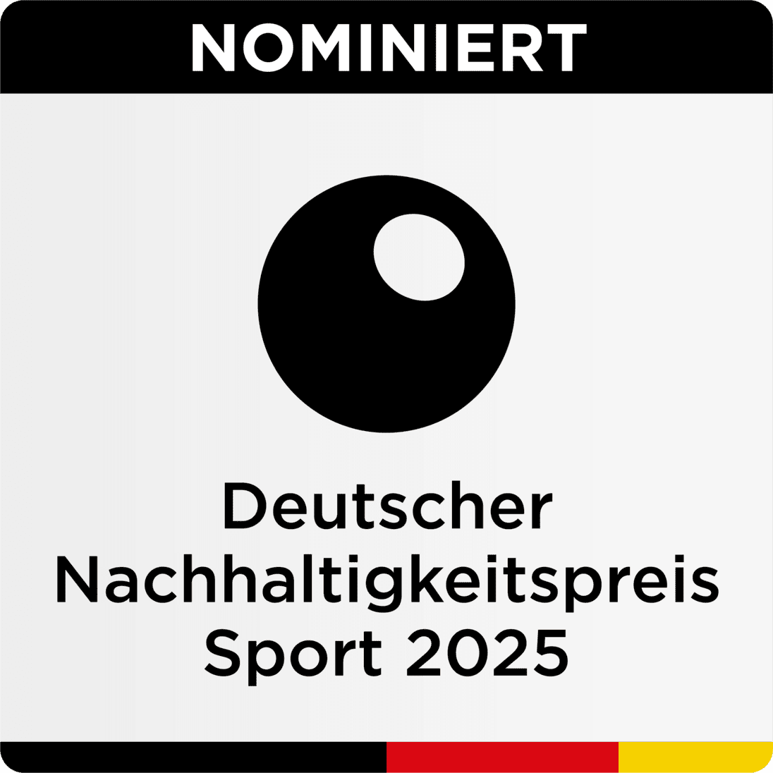 Logo f&uuml;r den Deutschen Nachhaltigkeitspreis Sport 2025, mit dem Schriftzug "NOMINIERT" und einem Grafik-Symbol.