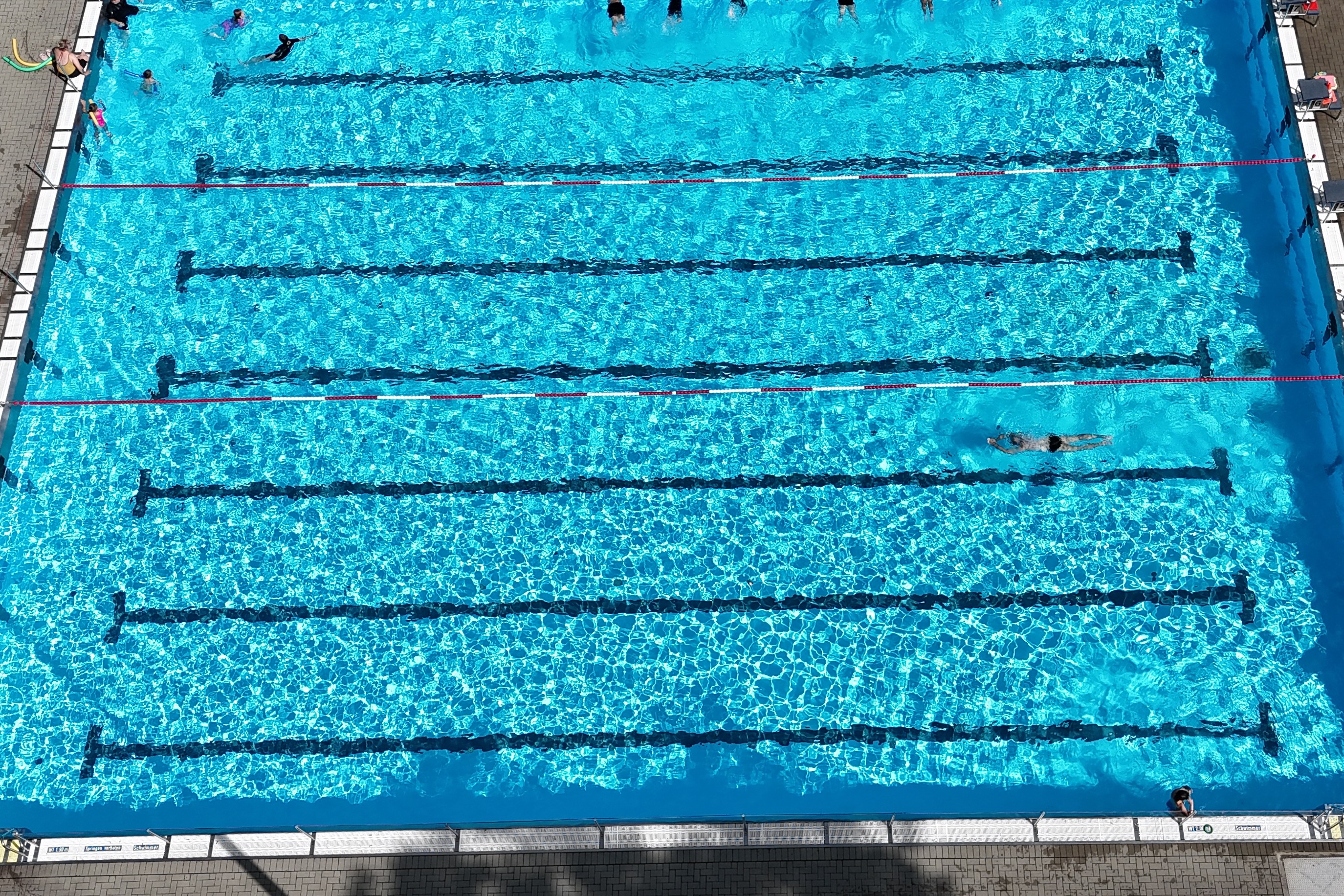 Vogelperspektive auf ein Schwimmbecken mit sieben Bahnen und Schwimmern in einem hellblauen Wasser.