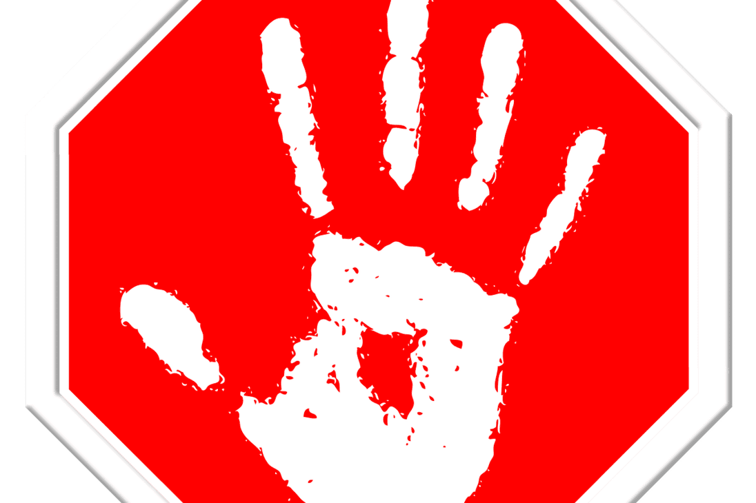 Achtkantiges Stoppschild mit wei&szlig;er Handabdruck-Illustration auf rotem Hintergrund.