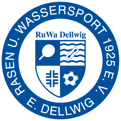 Logo des Vereins RuWa Dellwig, bestehend aus einem Wappen mit Symbolen f&uuml;r Tischtennis, Wassersport und Fu&szlig;ball.