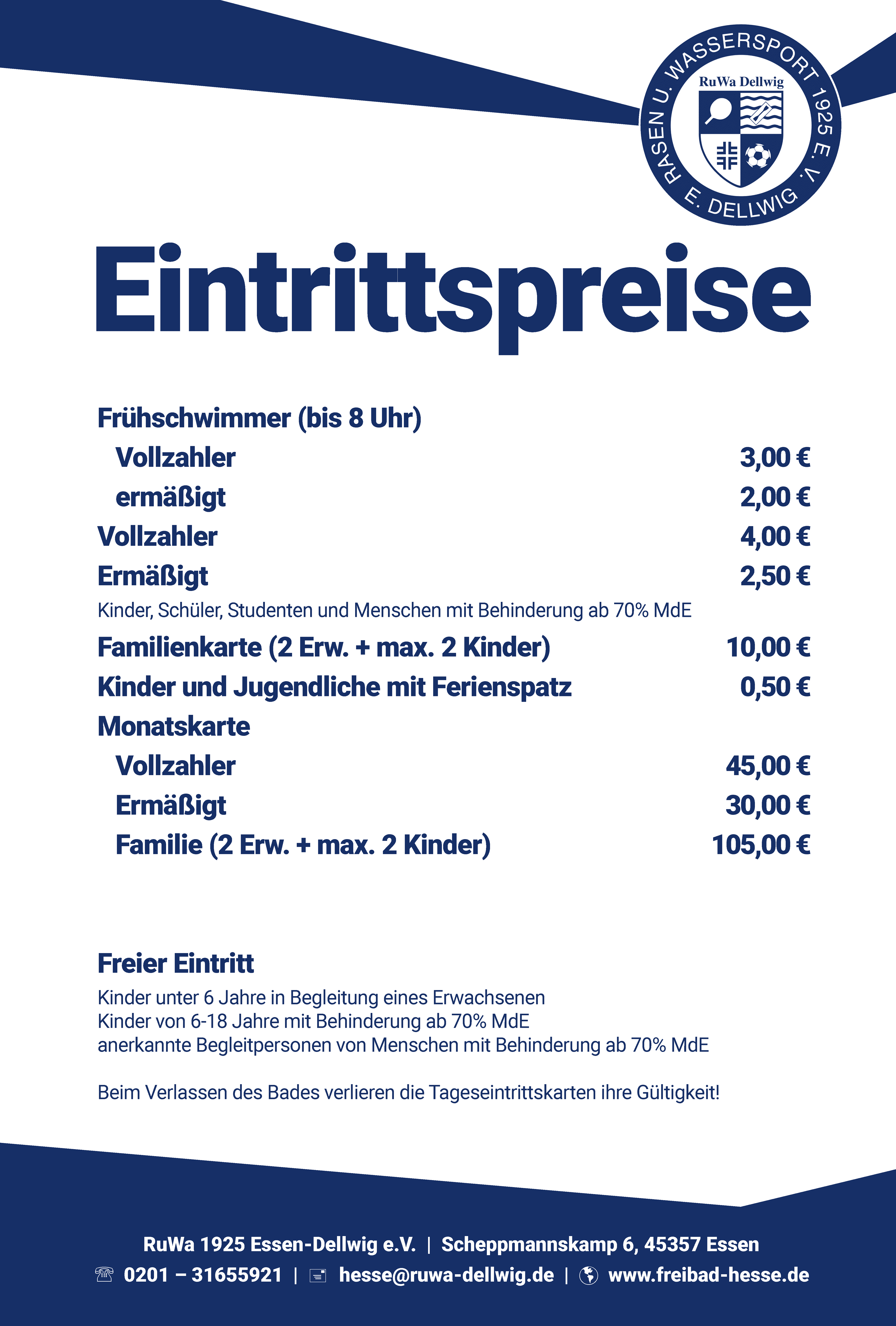 Preisliste f&uuml;r den Eintritt ins Schwimmbad mit verschiedenen Tarifen f&uuml;r Erwachsene, Kinder und Familientarife.