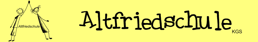 Logo der Altfriedschule mit zwei stilisierten Figuren, die sich an den Händen halten, auf gelbem Hintergrund.