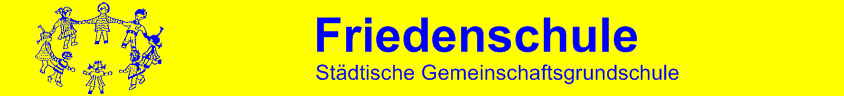 Logo der Friedenschule mit blauer Schrift auf gelbem Hintergrund und Kinderfiguren, die sich in einem Kreis halten.