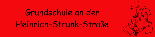 Logo der Grundschule an der Heinrich-Strunk-Stra&szlig;e auf rotem Hintergrund mit kindlichen Zeichnungen von B&uuml;chern und Schulmaterial.