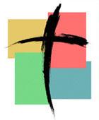 Abstrakte Darstellung eines Kreuzes in Schwarz auf bunten geometrischen Formen in Gelb, Rot, Gr&uuml;n und Blau.