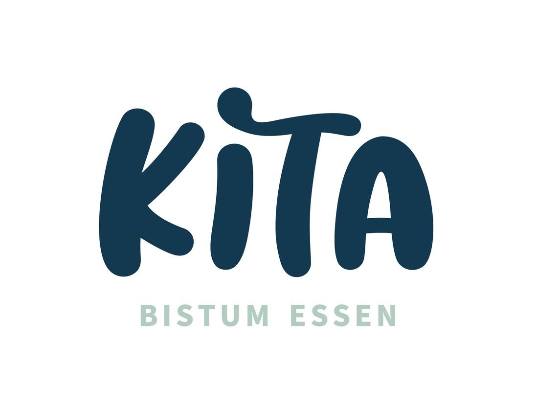 Logo der Kita Bistum Essen, Schriftzug in verspielter Schriftart in Blau und hellem Gr&uuml;n.
