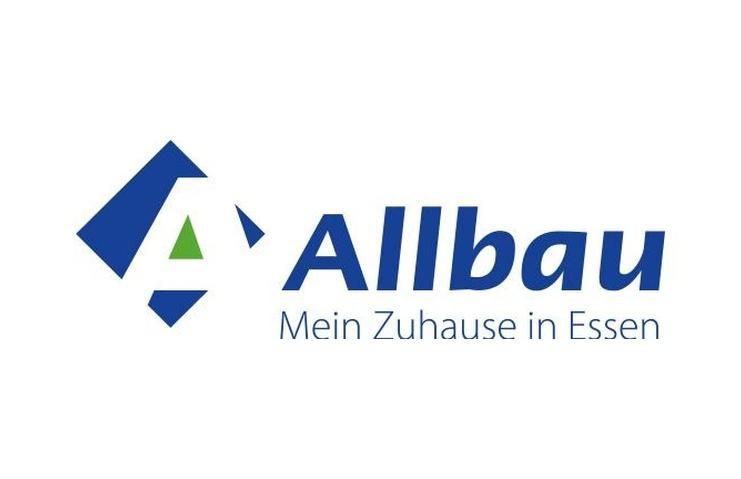 Logo von Allbau mit einem geometrischen Symbol und dem Slogan &bdquo;Mein Zuhause in Essen&ldquo; in blauer Schrift.