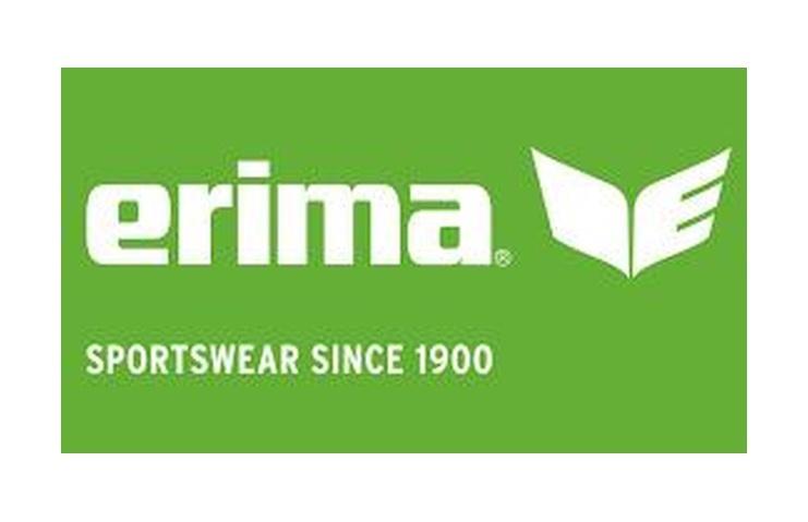 Logo von erima mit dem Schriftzug &bdquo;SPORTSWEAR SINCE 1900&ldquo; auf gr&uuml;nem Hintergrund.