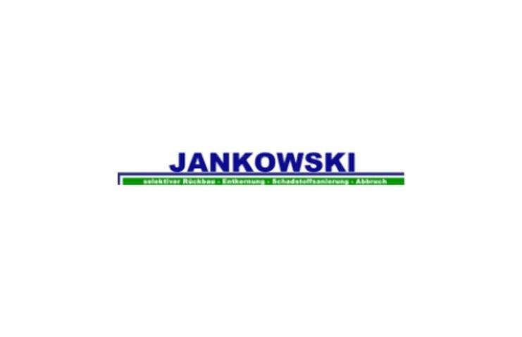 Logo von Jankowski mit blauem Schriftzug und Informationen zu R&uuml;ckbau, Entfernung, Schadstoffsanierung und Abbruch.