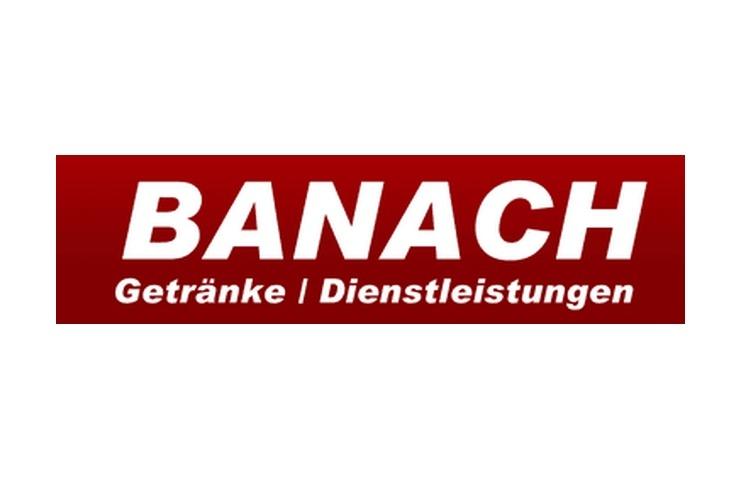 Logo von Banach mit dem Schriftzug &bdquo;Getr&auml;nke | Dienstleistungen&ldquo; auf rotem Hintergrund.