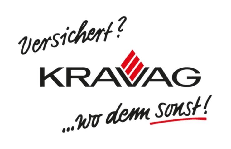 Logo der KRAVAG mit dem Slogan &bdquo;Versichert? &hellip;wo dem sonst!&ldquo; in schwarzer Schrift und rotem Marken-Symbol.