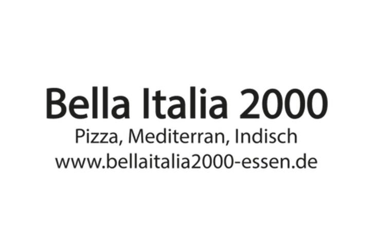 Logo von Bella Italia 2000 mit den Schriftz&uuml;gen &bdquo;Pizza, Mediterran, Indisch&ldquo; und der Website-Adresse.