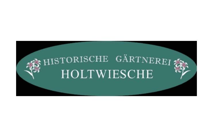 Logo der Historischen G&auml;rtnerei HoltWiesche auf gr&uuml;nem Hintergrund mit floralen Elementen.