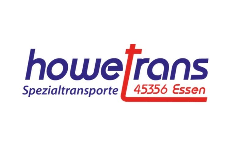 Logo der Firma "howetrans" f&uuml;r Spezialtransporte, Standort 45356 Essen, in Blau und Rot gestaltet.