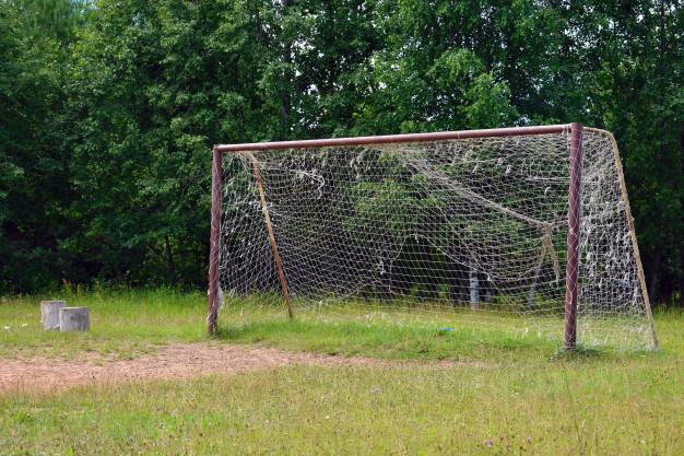 Alte, verwitterte Fu&szlig;ball-Tore mit besch&auml;digtem Netz stehen auf einer grasbewachsenen Wiese.