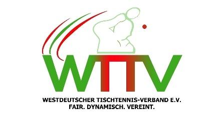Logo des Westdeutschen Tischtennis-Verbandes e.V. mit Schriftzug &bdquo;WTTV&ldquo; und der Slogan &bdquo;FAIR. DYNAMISCH. VEREINT.&ldquo;