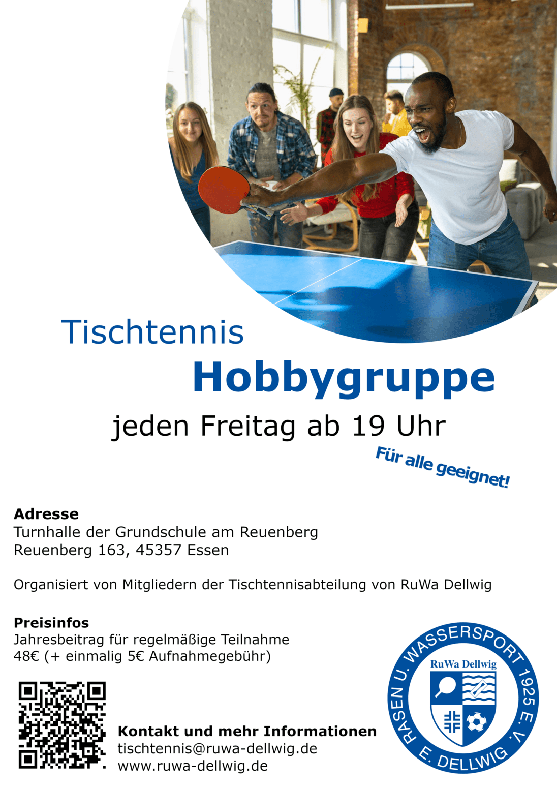 Plakat für eine Tischtennis-Hobbygruppe mit Informationen zu Uhrzeit, Ort und Kontaktdaten. Spieler an einem Tischtennistisch.