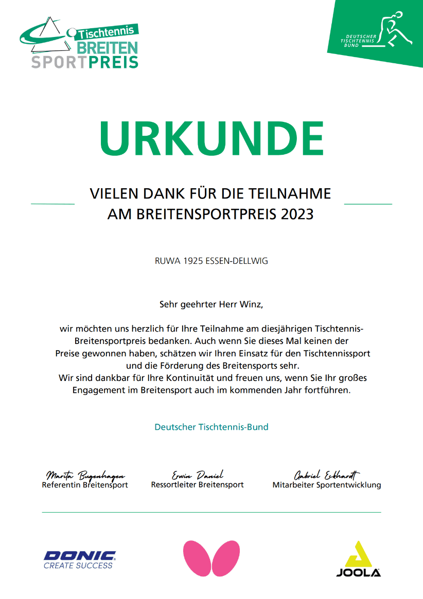 Urkunde für die Teilnahme am Tischtennis-Breitensportpreis 2023 mit Dankesnotiz und Unterschriften.