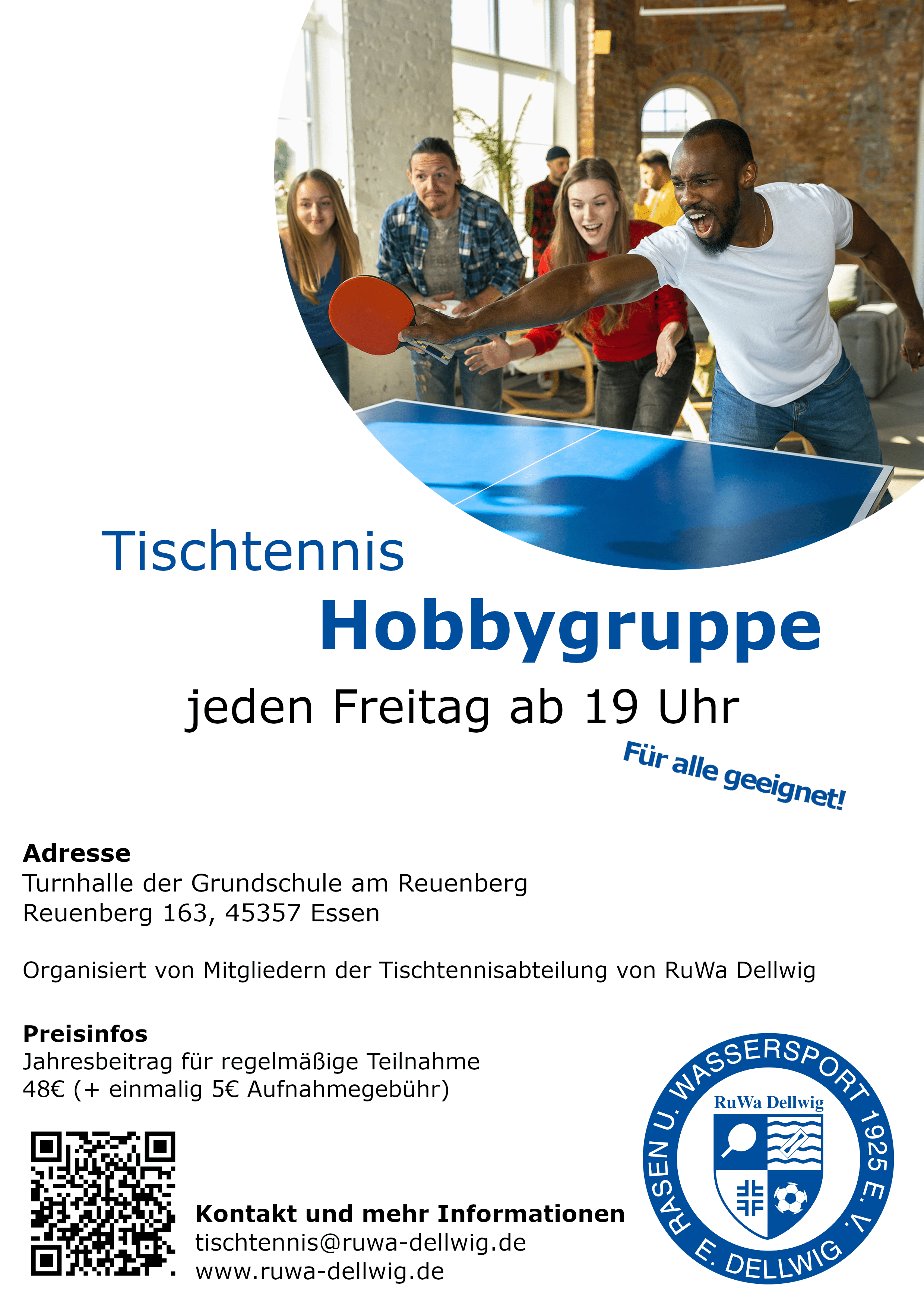 Plakat f&uuml;r eine Tischtennis-Hobbygruppe mit Informationen zu Uhrzeit, Ort und Kontaktdaten. Spieler an einem Tischtennistisch.