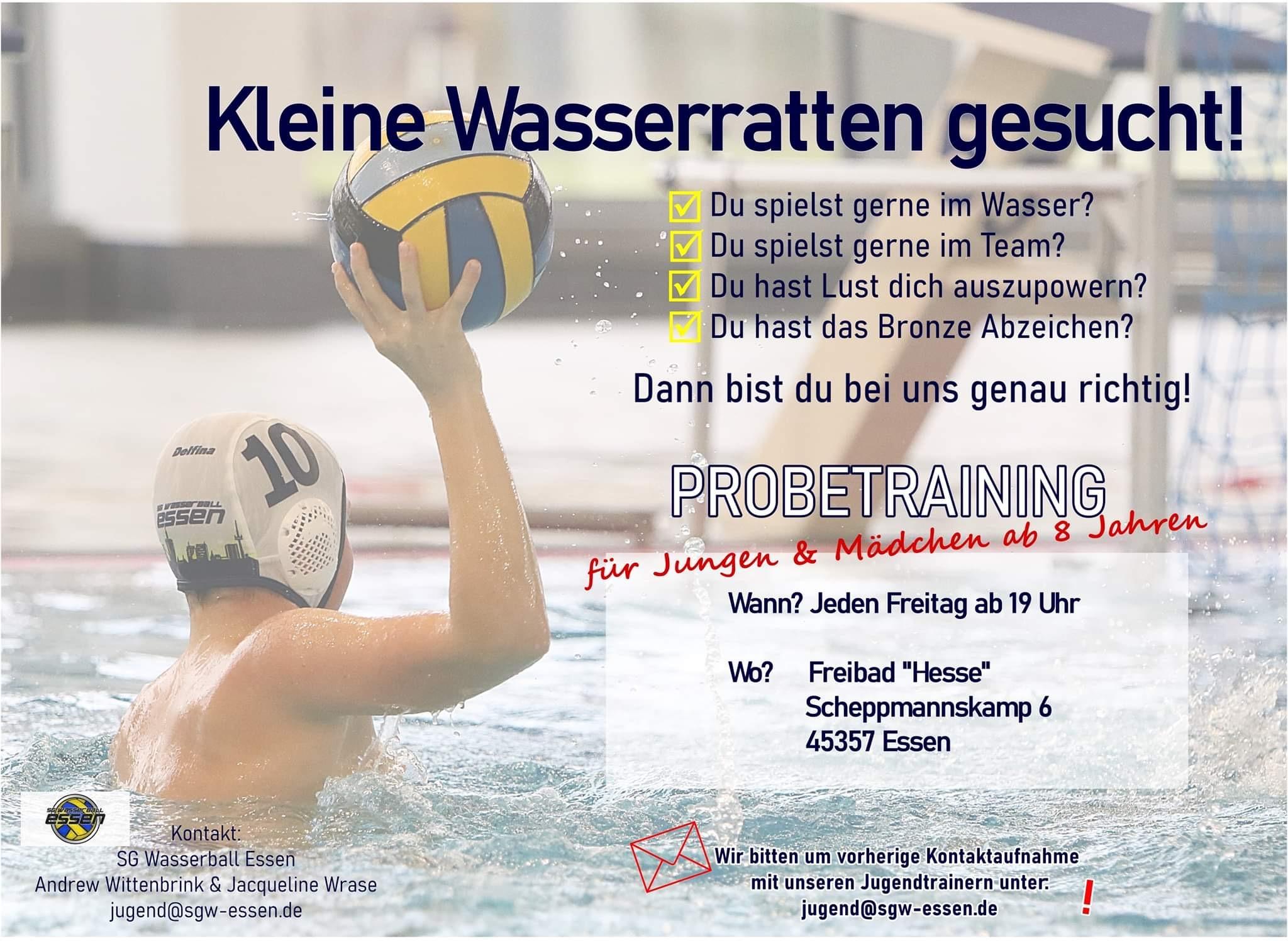 Wasserballspieler mit Ball im Wasser, Werbung f&uuml;r Probetraining f&uuml;r Kinder und Jugendliche in Essen.