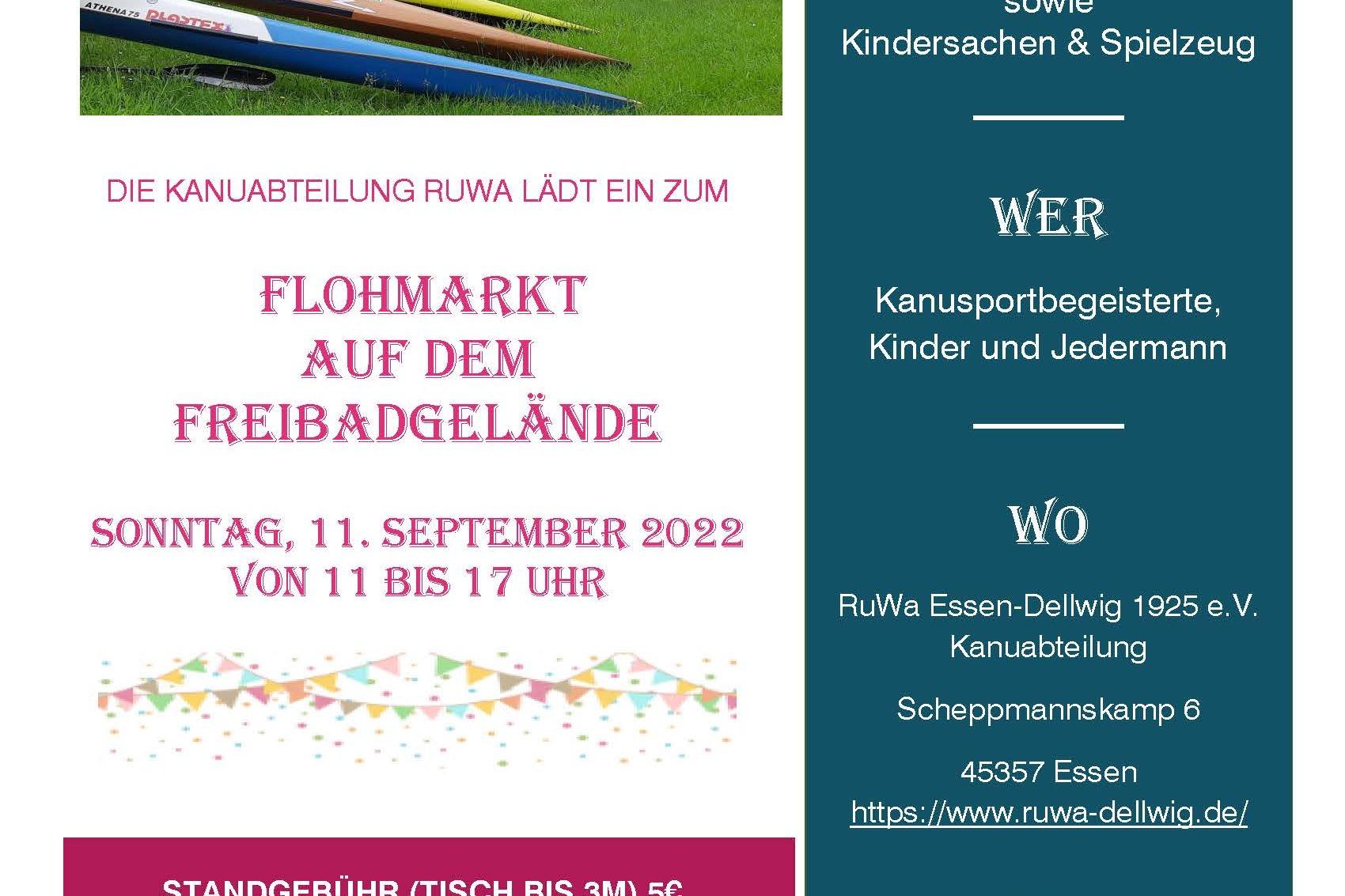 Farbenfrohes Plakat f&uuml;r einen Flohmarkt der Kanugruppe RUWA, datiert auf den 11. September 2022, zeigt Details zur Veranstaltung.