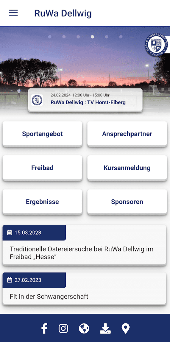 Screenshot der Webseite von RuWa Dellwig mit Vereinsinfos und Veranstaltungshinweisen auf einem Hintergrund mit Abendhimmel.
